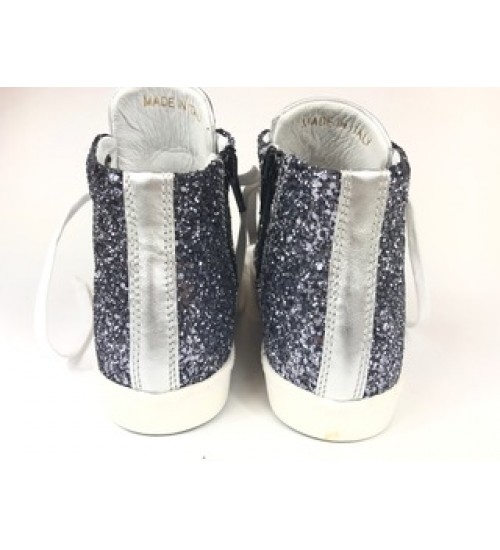 Woman's sneakers handmade glittering  silver leather
